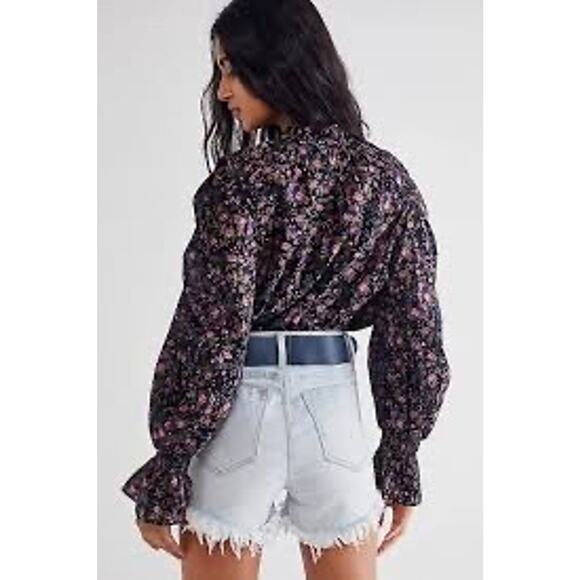 Free People Meant To Be Tie-Neck Blouse in Black Floral Top Long Sleeve - Picture 4 of 13